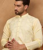 Men yellow silk blend solid embroidered straight kurta with pant set