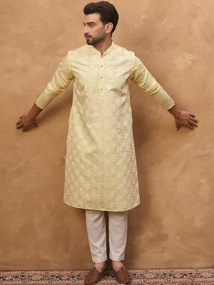Men yellow silk blend solid embroidered straight kurta with pant set 2
