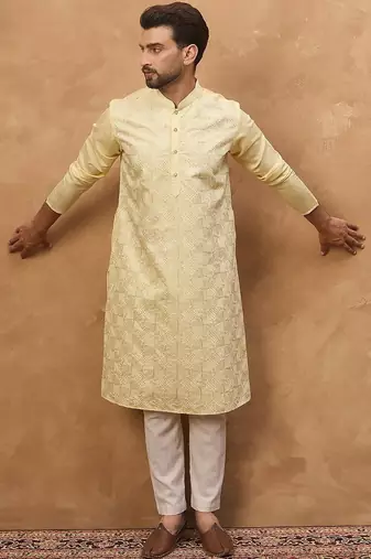 Men yellow silk blend solid embroidered straight kurta with pant set