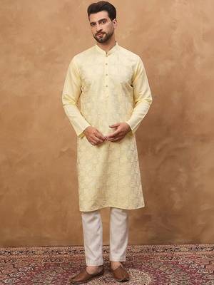 Men yellow silk blend solid embroidered straight kurta with pant set 3