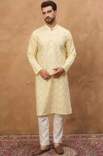 Men yellow silk blend solid embroidered straight kurta with pant set