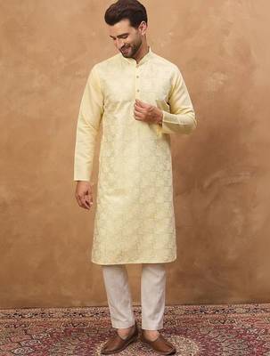 Men yellow silk blend solid embroidered straight kurta with pant set 4