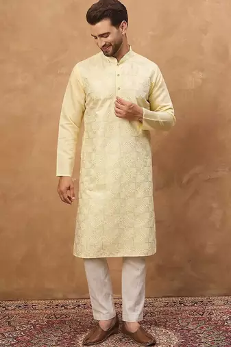 Men yellow silk blend solid embroidered straight kurta with pant set