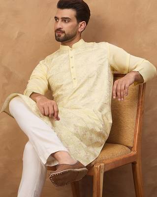 Men yellow silk blend solid embroidered straight kurta with pant set 5