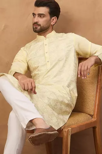 Men yellow silk blend solid embroidered straight kurta with pant set