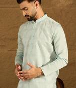 Men blue silk blend solid embroidered straight kurta with trouser