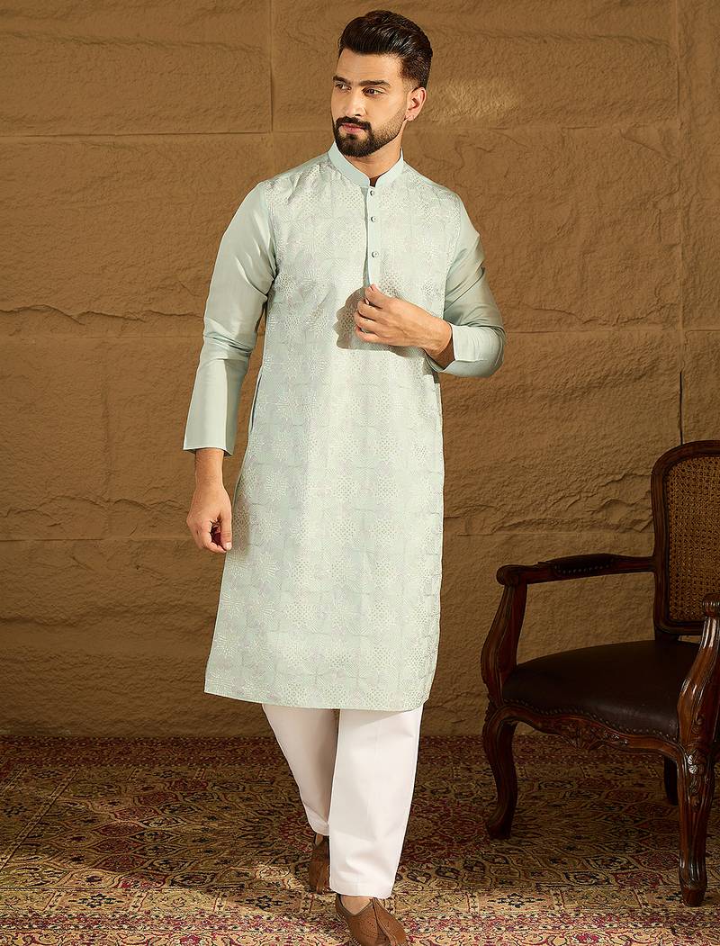 Men blue silk blend solid embroidered straight kurta with trouser