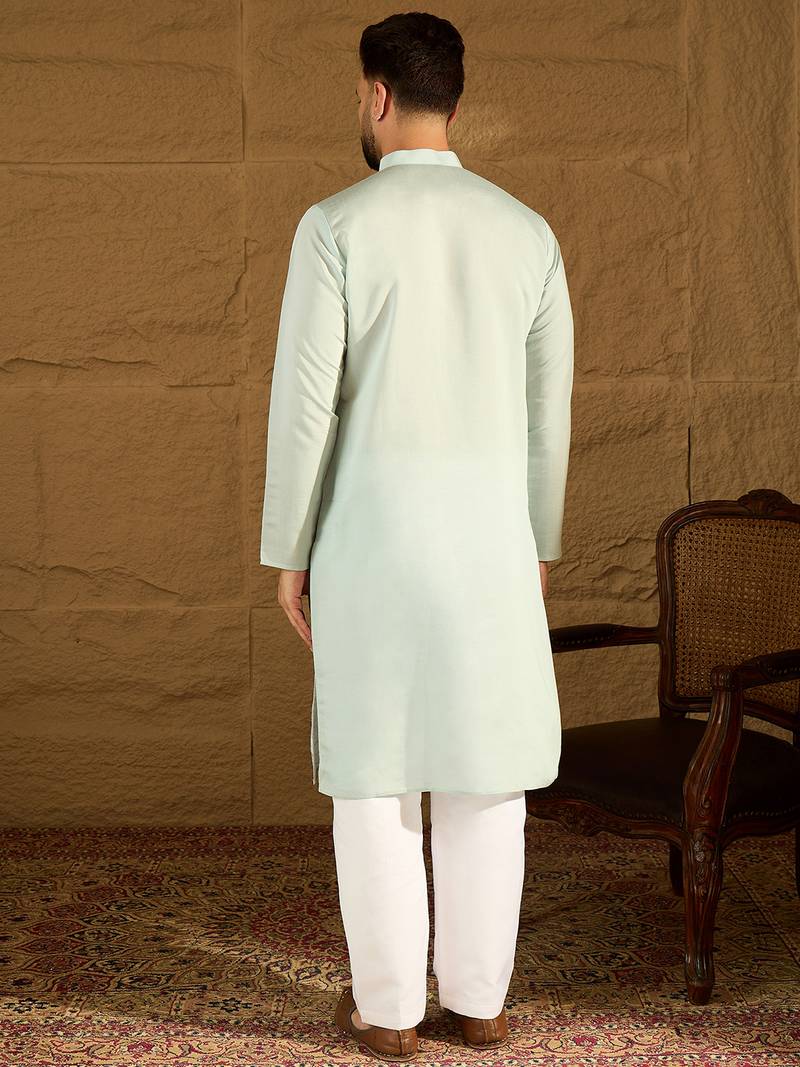 Men blue silk blend solid embroidered straight kurta with trouser