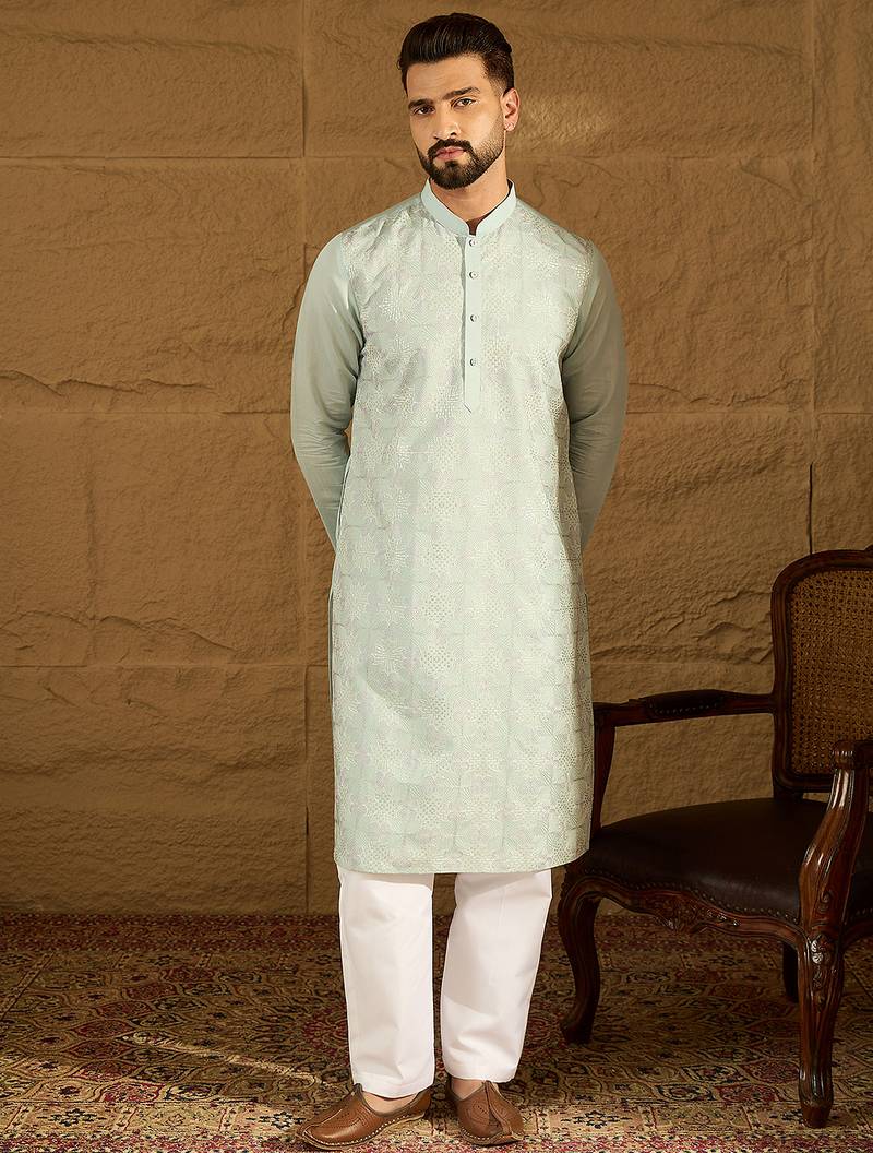 Men blue silk blend solid embroidered straight kurta with trouser