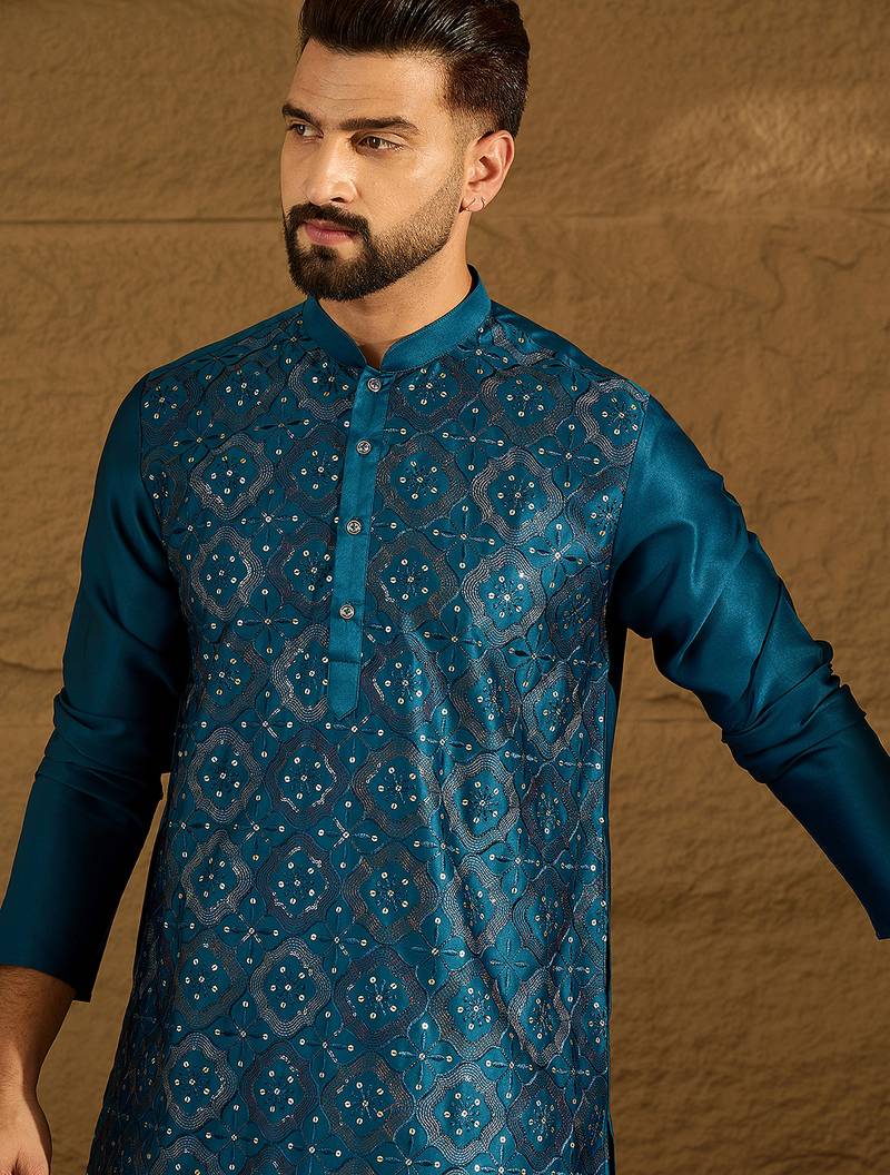 Men blue silk blend solid embroidered straight kurta with trouser