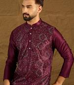 Men purple silk blend solid embroidered straight kurta with trouser