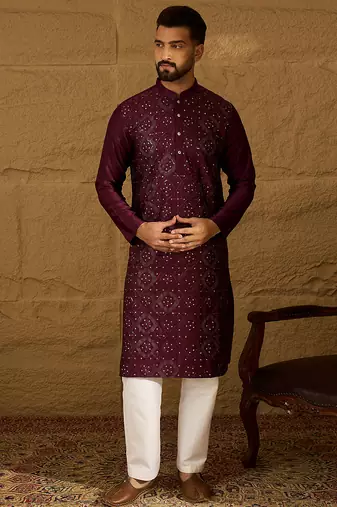 Men purple silk blend solid embroidered straight kurta with trouser