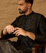 Men black silk blend solid embroidered straight kurta with trouser