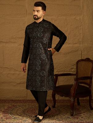 Men black silk blend solid embroidered straight kurta with trouser 3