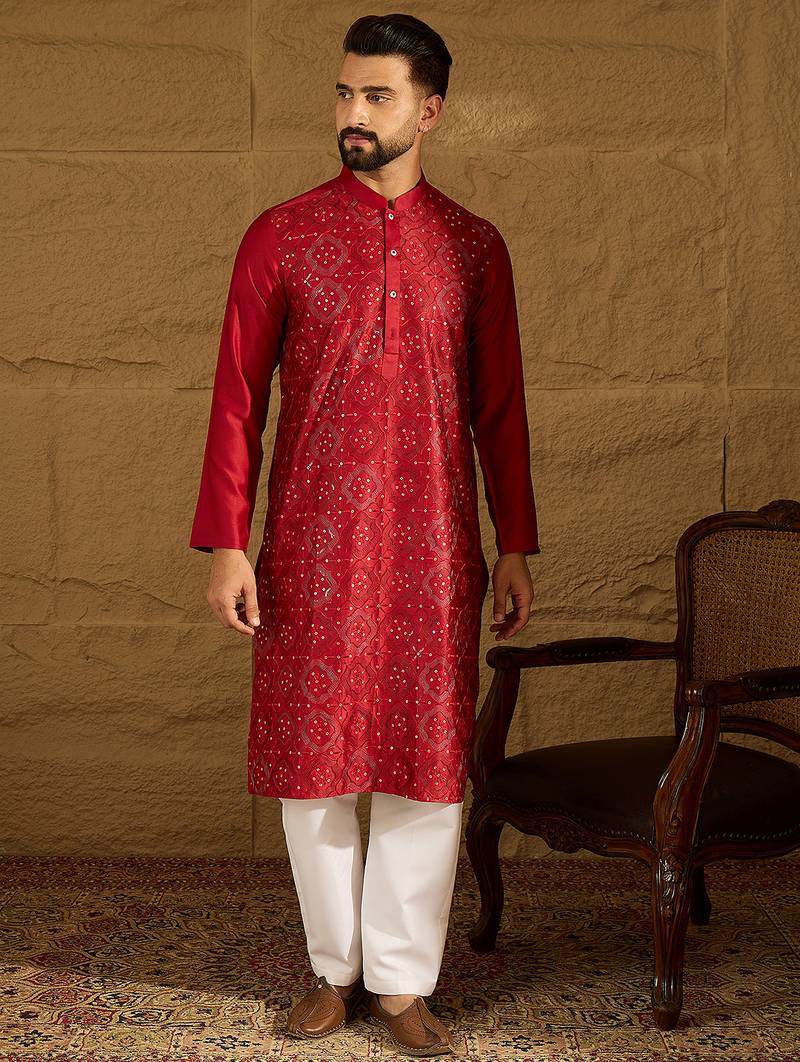 Men maroon silk blend solid embroidered straight kurta with trouser