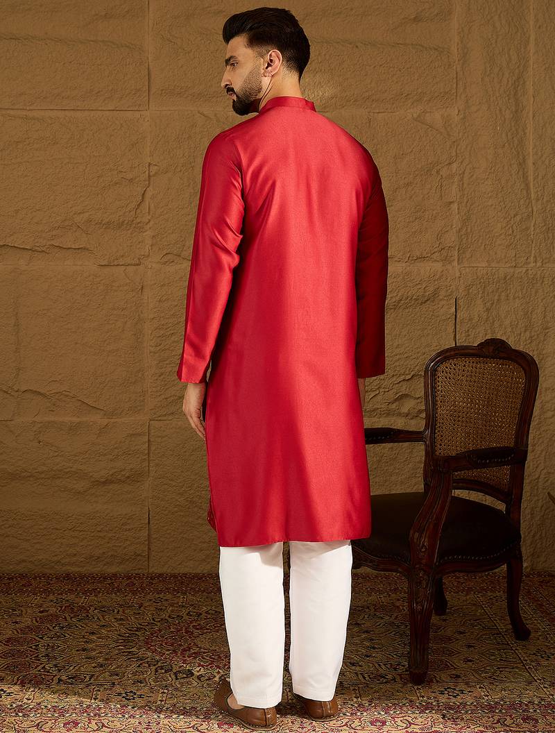 Men maroon silk blend solid embroidered straight kurta with trouser