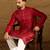 Men maroon silk blend solid embroidered straight kurta with trouser