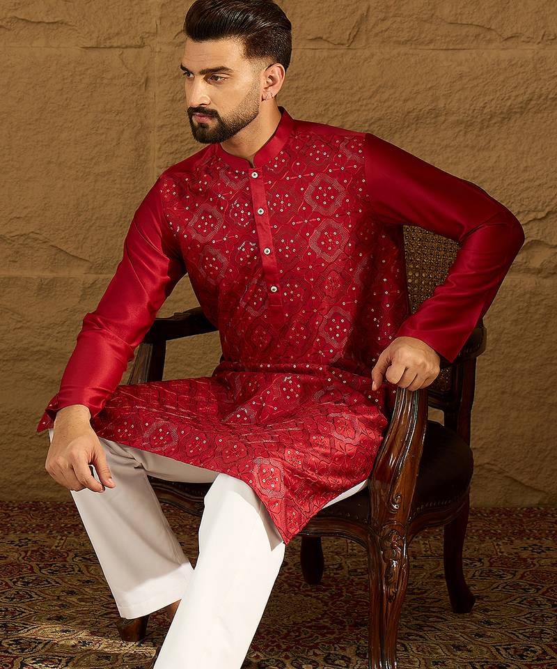 Men maroon silk blend solid embroidered straight kurta with trouser