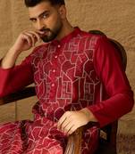 Men maroon silk blend solid embroidered straight kurta with trouser