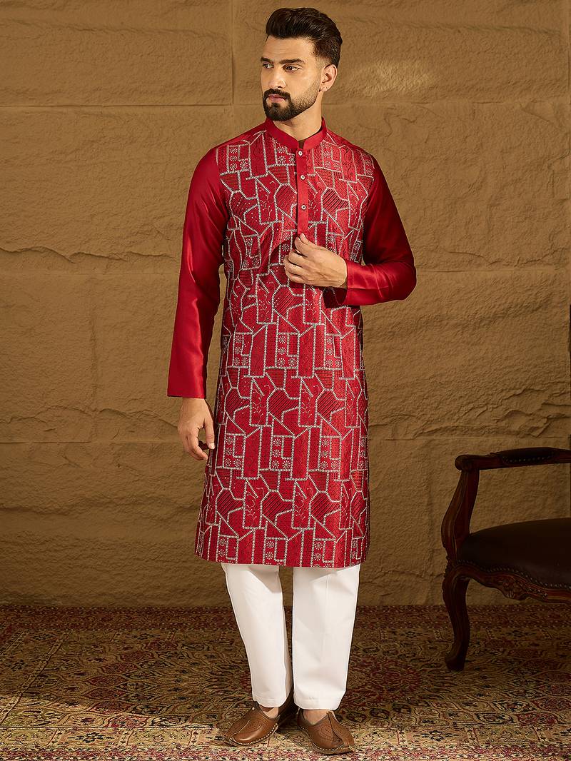 Men maroon silk blend solid embroidered straight kurta with trouser