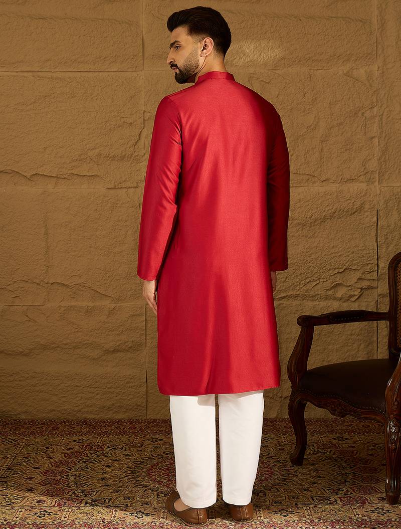 Men maroon silk blend solid embroidered straight kurta with trouser
