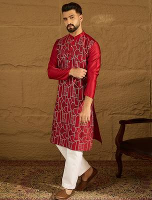 Men maroon silk blend solid embroidered straight kurta with trouser 5