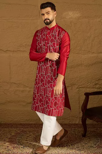 Men maroon silk blend solid embroidered straight kurta with trouser