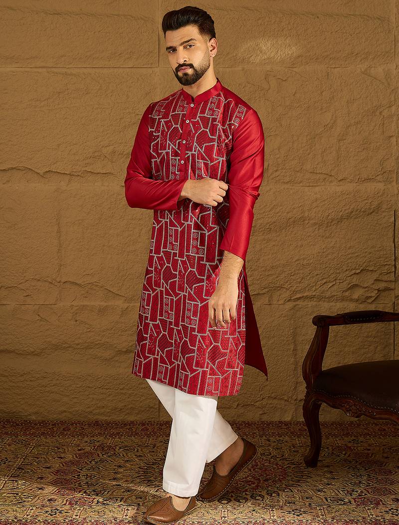 Men maroon silk blend solid embroidered straight kurta with trouser