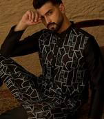 Men black silk blend solid embroidered straight kurta with trouser