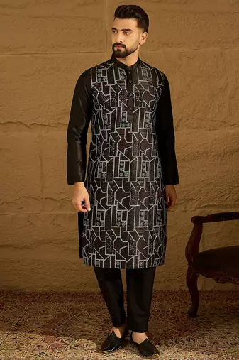 Men black silk blend solid embroidered straight kurta with trouser