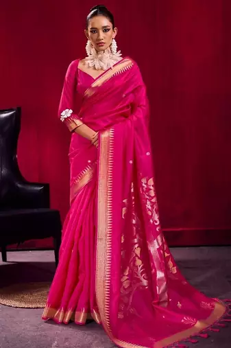 Pink satin linen handloom weaving silk saree with matching blouse – elegant daily & casual wear