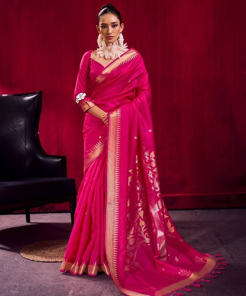 Pink satin linen handloom weaving silk saree with matching blouse      daily & casual wear