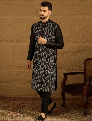 Men black silk blend solid embroidered straight kurta with trouser 3