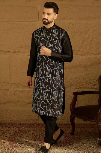Men black silk blend solid embroidered straight kurta with trouser