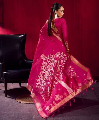 Pink satin linen weaving silk blend saree with matching blouse  elegant daily & casual wear 2