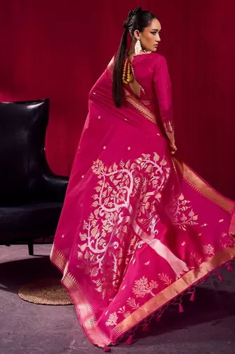 Pink satin linen weaving silk blend saree with matching blouse  elegant daily & casual wear