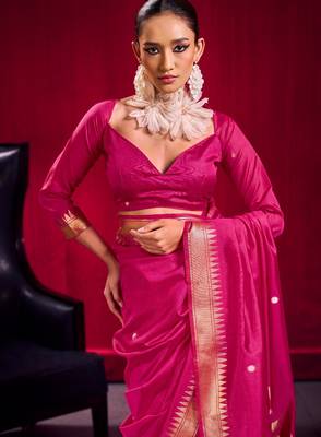 Pink satin linen weaving silk blend saree with matching blouse  elegant daily & casual wear 3