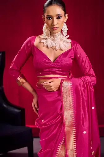 Pink satin linen weaving silk blend saree with matching blouse  elegant daily & casual wear