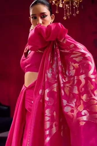 Pink satin linen weaving silk blend saree with matching blouse  elegant daily & casual wear