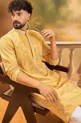 Men yellow viscose rayon shibori embroidered straight kurta with trouser