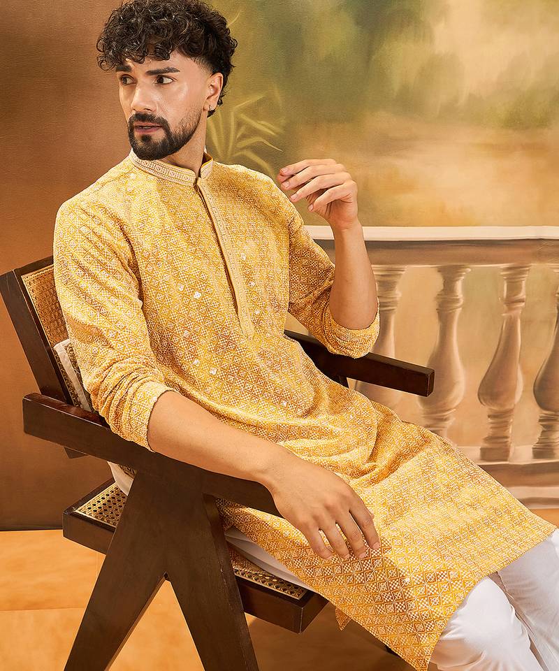 Men yellow viscose rayon shibori embroidered straight kurta with trouser