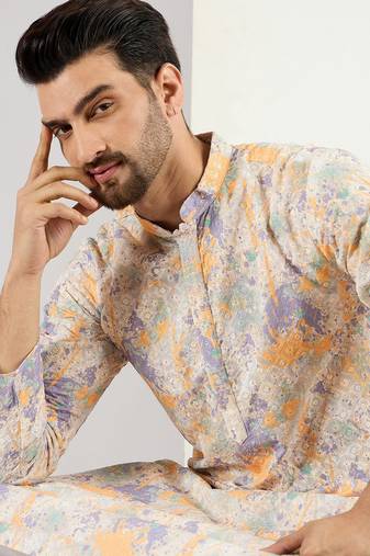 Men off white viscose rayon abstract embroidered straight kurta with pant set