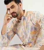 Men off white viscose rayon abstract embroidered straight kurta with pant set