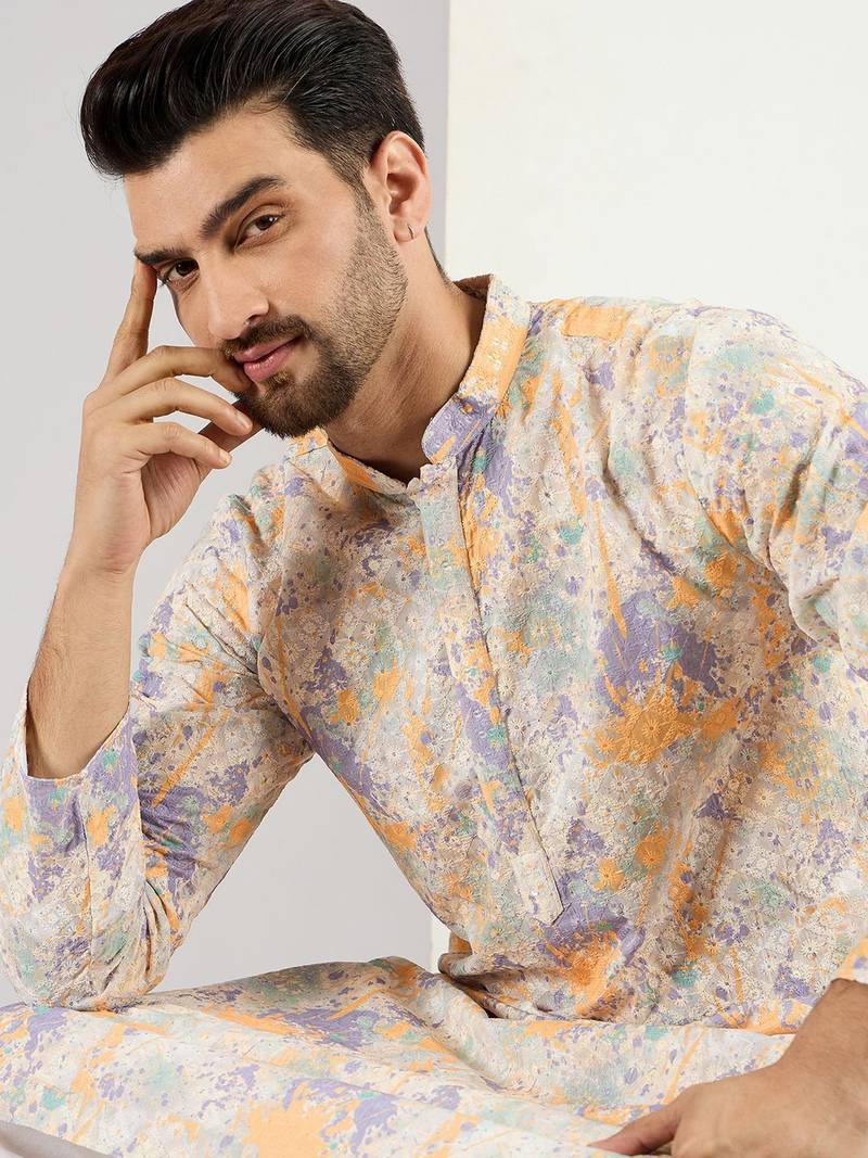 Men off white viscose rayon abstract embroidered straight kurta with pant set