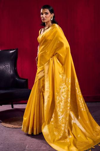 Yellow satin linen handloom weaving silk saree with matching blouse     elegant daily & casual wear