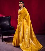 Yellow satin linen weaving silk blend saree with matching blouse  elegant daily & casual wear
