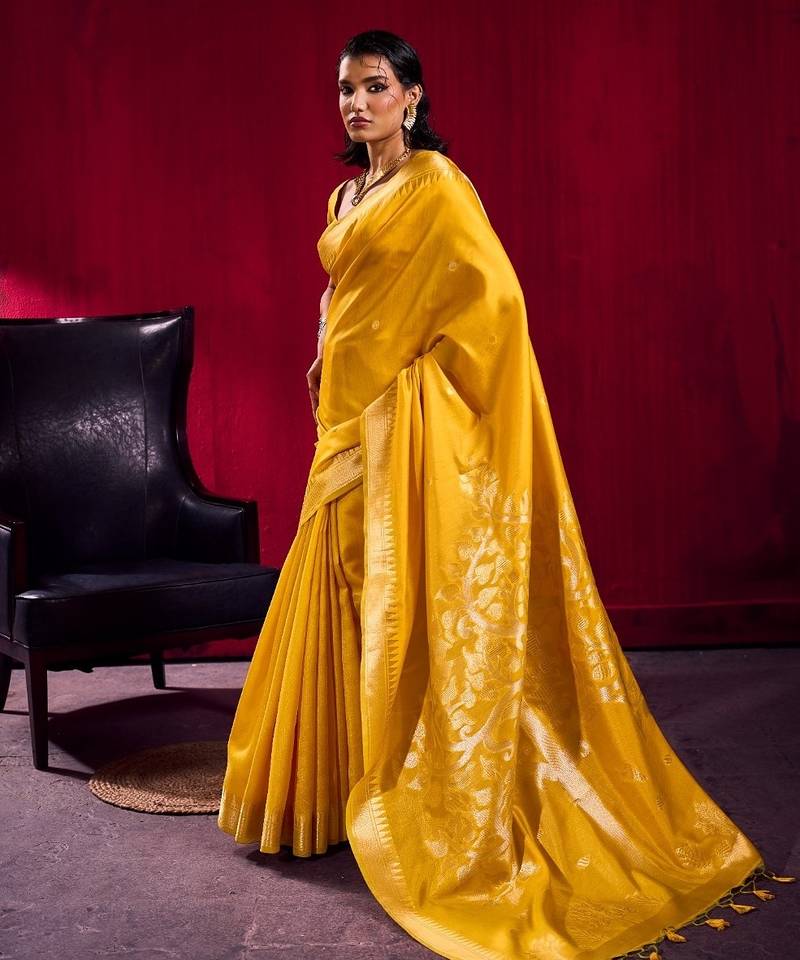 Yellow satin linen handloom weaving silk saree with matching blouse      daily & casual wear