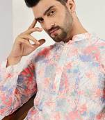 Men off white viscose rayon abstract embroidered straight kurta with pant set