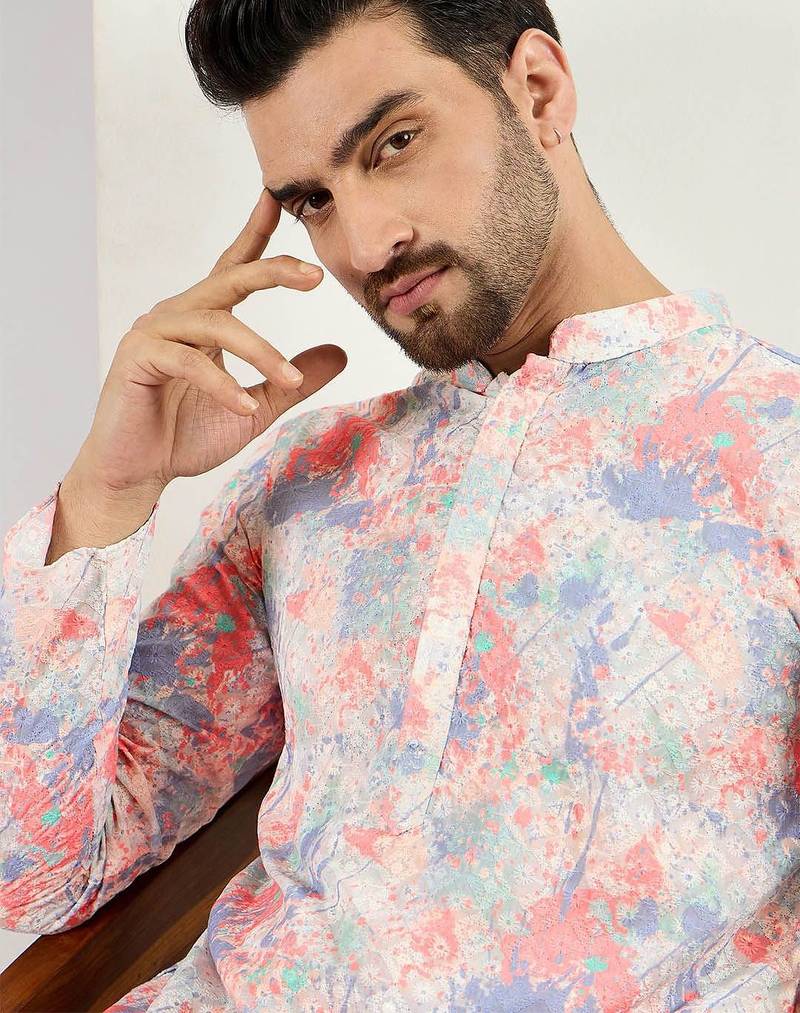 Men off white viscose rayon abstract embroidered straight kurta with pant set