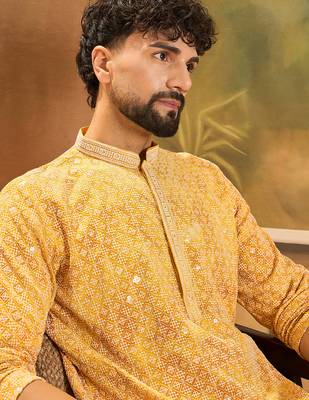 Men yellow viscose rayon shibori embroidered straight kurta with trouser 3